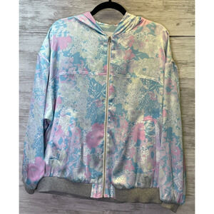 Bimba Y Lola Jacket M Womens Blue Pink Floral Satin Full Zip Hooded Lightweight
